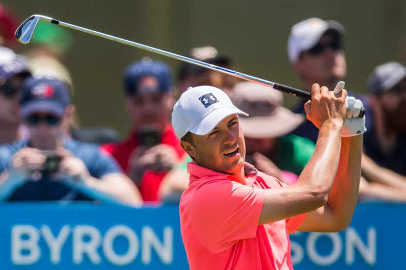 Jordan Spieth tees off at hole 2 during round 4 of the AT&T Byron Nelson golf tournament on...