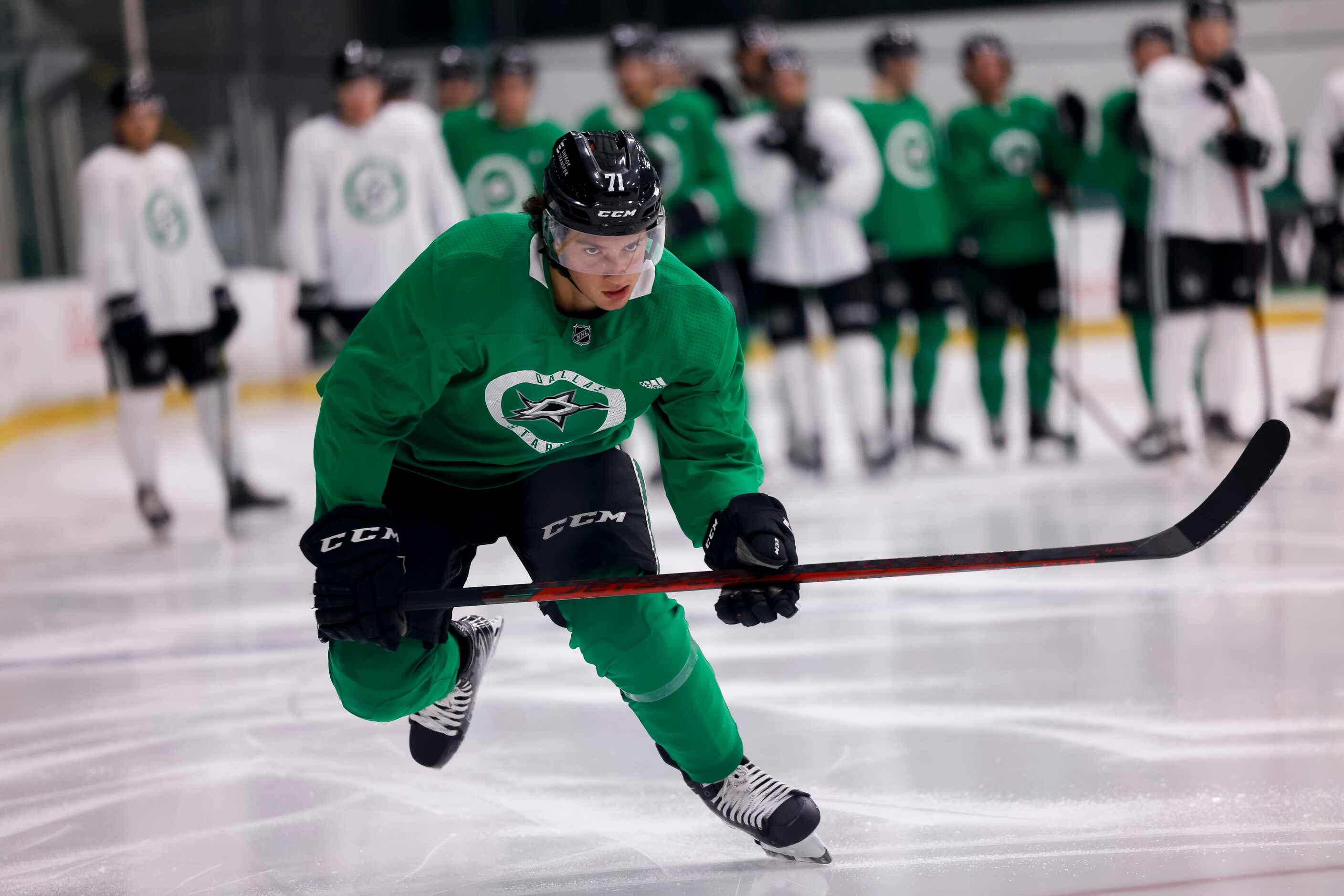 Antonio Stanges (71) participates in a drill during the Stars’ annual development camp Group...