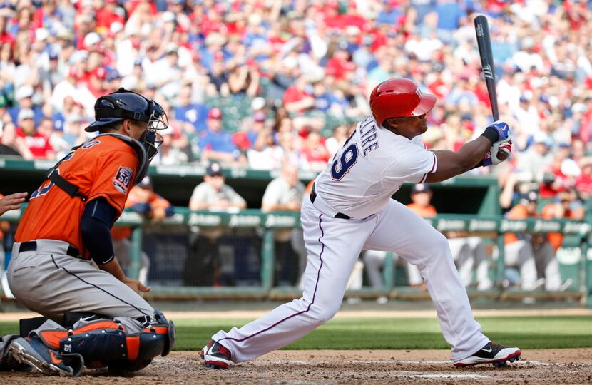 Texas Rangers third baseman Adrian Beltre (29) strikes out in the eighth inning during the...