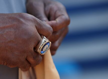 Green Bay Packers linebacker Dave Robinson wears a Pro Football Hall of Fame ring, Thursday,...