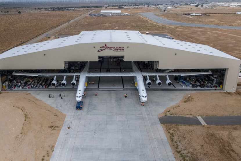 The Stratolaunch plane was pushed out of the hangar for the first time in the Mojave desert...