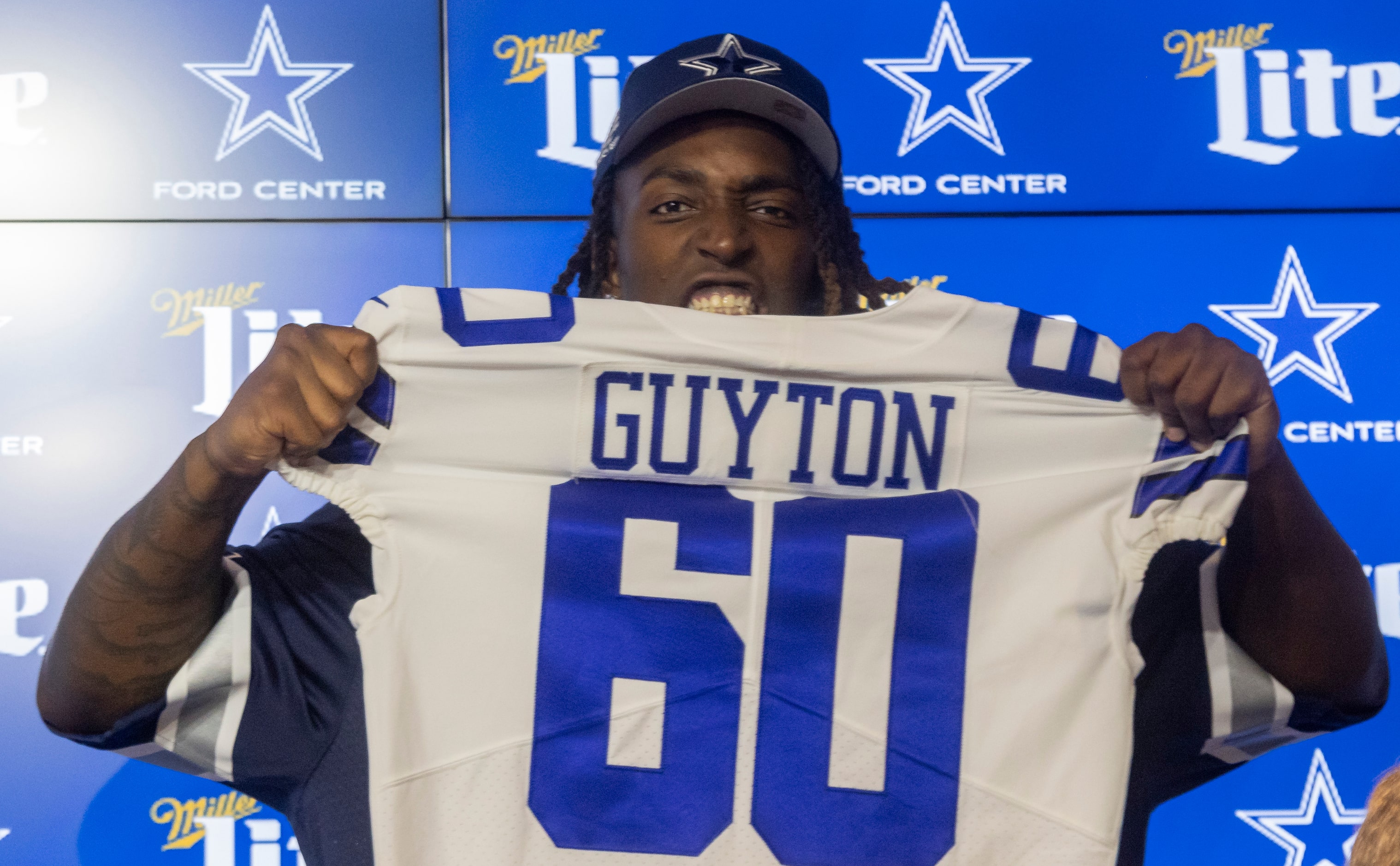 The new Dallas Cowboys left tackle Tyler Guyton, who was drafted at No. 24 overall Thursday...