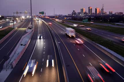 Evening commuters using the TEXpress Lanes on I-35W (southbound, center right) approaches...