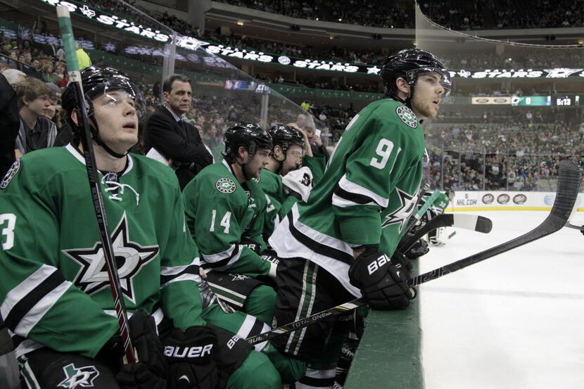 Dallas Stars center Tyler Seguin (91) on the bench in the first period of NHL Hockey action...