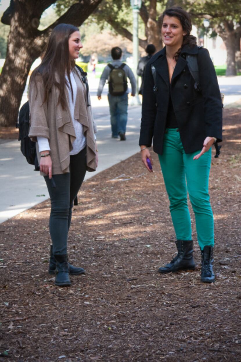Lauren Scheinin (left), a senior at SMU, and Erica Gliga, a sophomore, talk between classes.