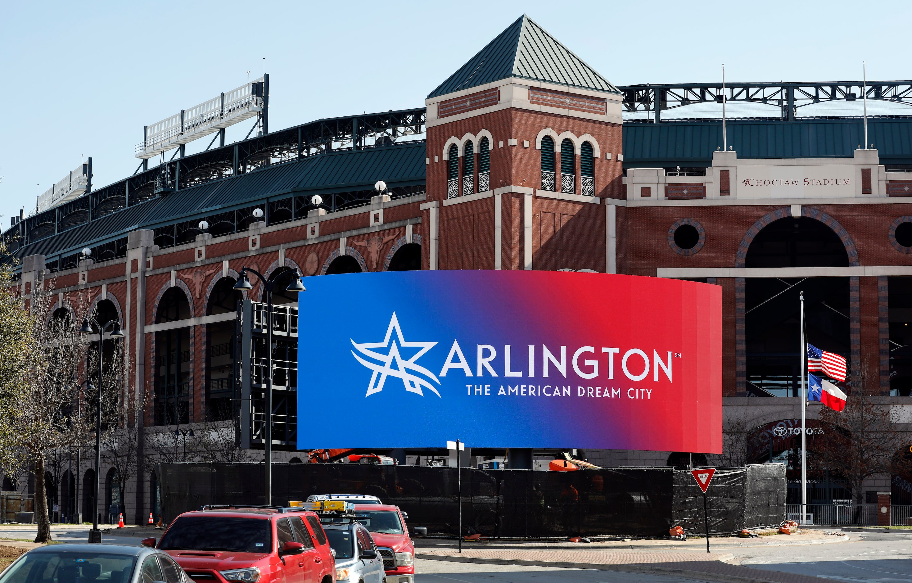 Curved video billboards are being installed in the traffic circle outside Choctaw Stadium in...