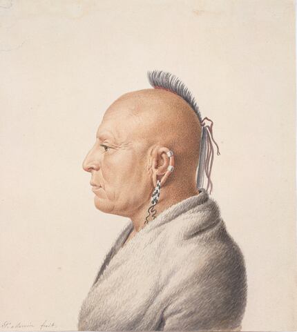 The watercolor "Osage Warrior" is part of the accompanying exhibit, "Artistic Encounters...