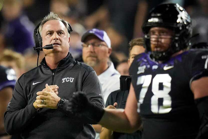 TCU head coach Sonny Dykes watches from the sidelines during the first half an NCAA football...