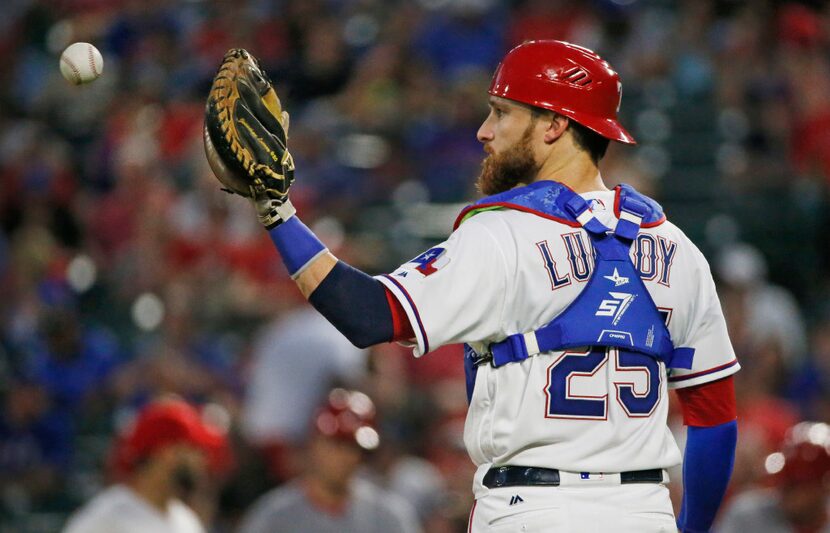 Texas Rangers catcher Jonathan Lucroy (25) is pictured during the Los Angeles Angels vs. the...