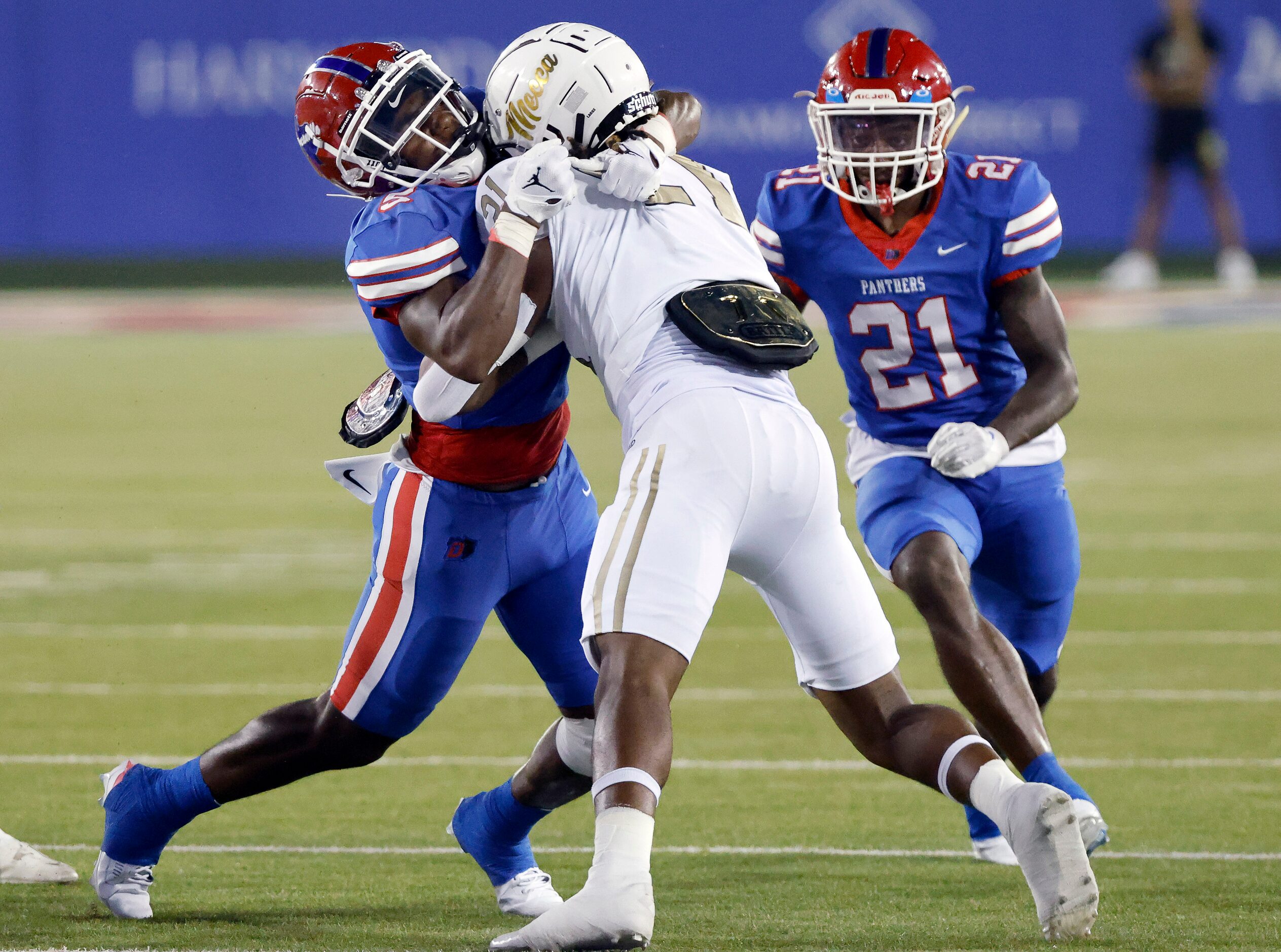 Duncanville linebacker Mason Williams (5) stops South Oak Cliff running back Danny Green...