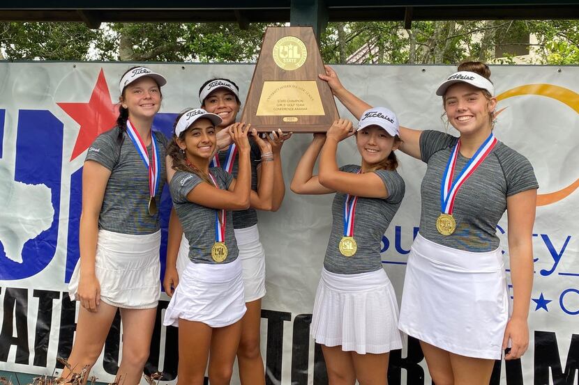 The Hebron High School girls golf team poses with the 2021 UIL Class 6A State Championship...