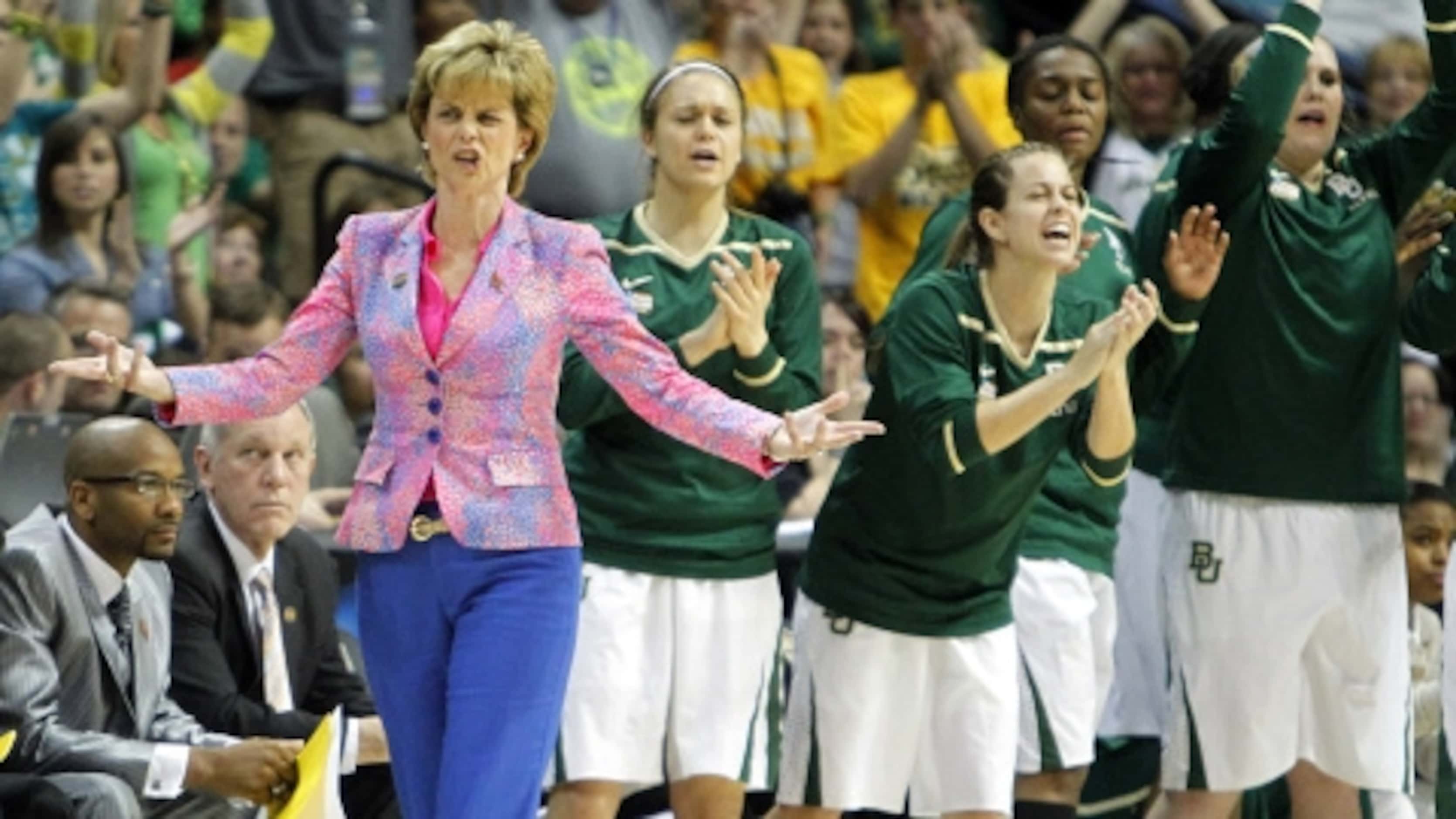 Baylor Bears head coach Kim Mulkey motions to the officials as her team scores on the...