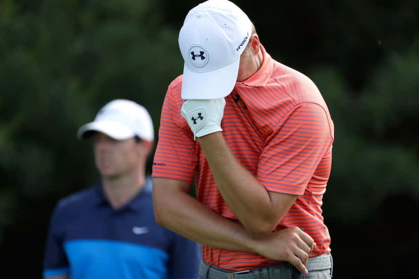 DUBLIN, OH - JUNE 03:  Jordan Spieth reacts to his tee shot on the 17th hole during the...