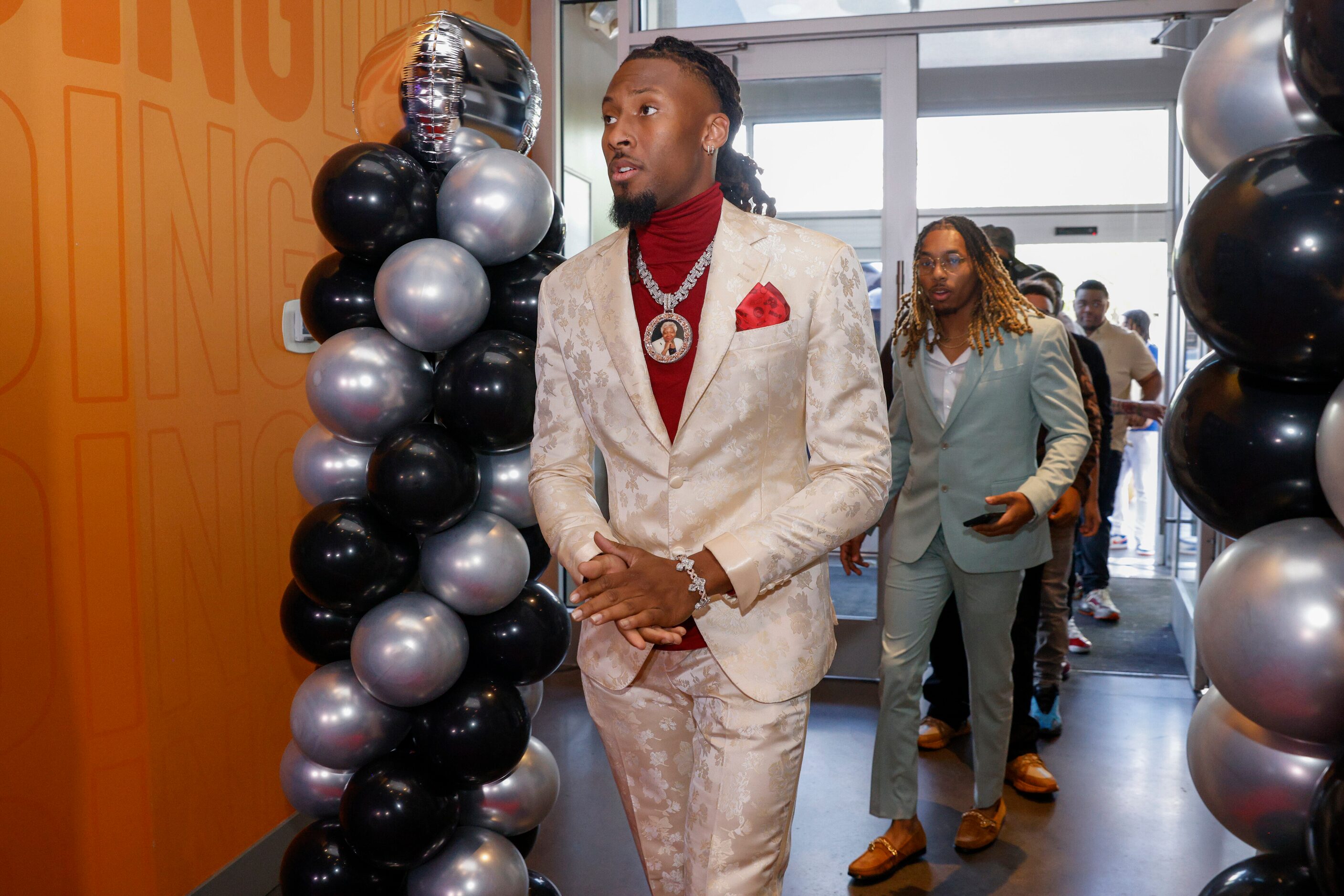 TCU wide receiver Quentin Johnston arrives on the red carpet before a 2023 NFL Draft party...