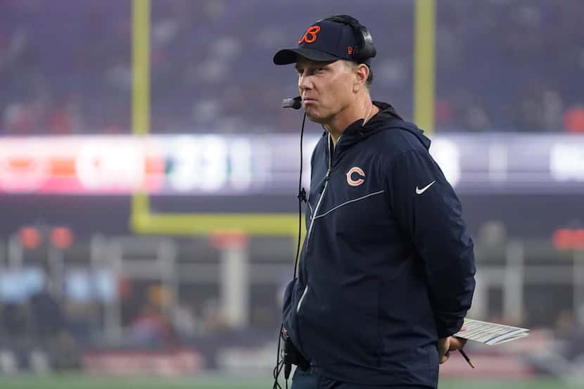 Chicago Bears head coach Matt Eberflus during the second half of an NFL football game,...