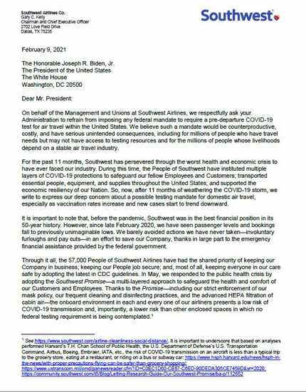 The first page of a letter from Southwest Airlines CEO to the White House asking to drop any...