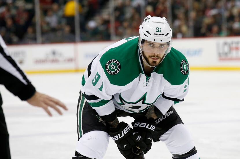 Dallas Stars center Tyler Seguin (91) gets into position for a face-off during the second...