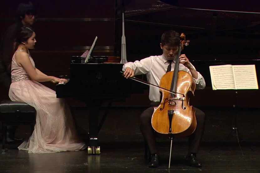 Cellist Taeguk Mun performing with piano accompaniment. (New England Conservatory) 