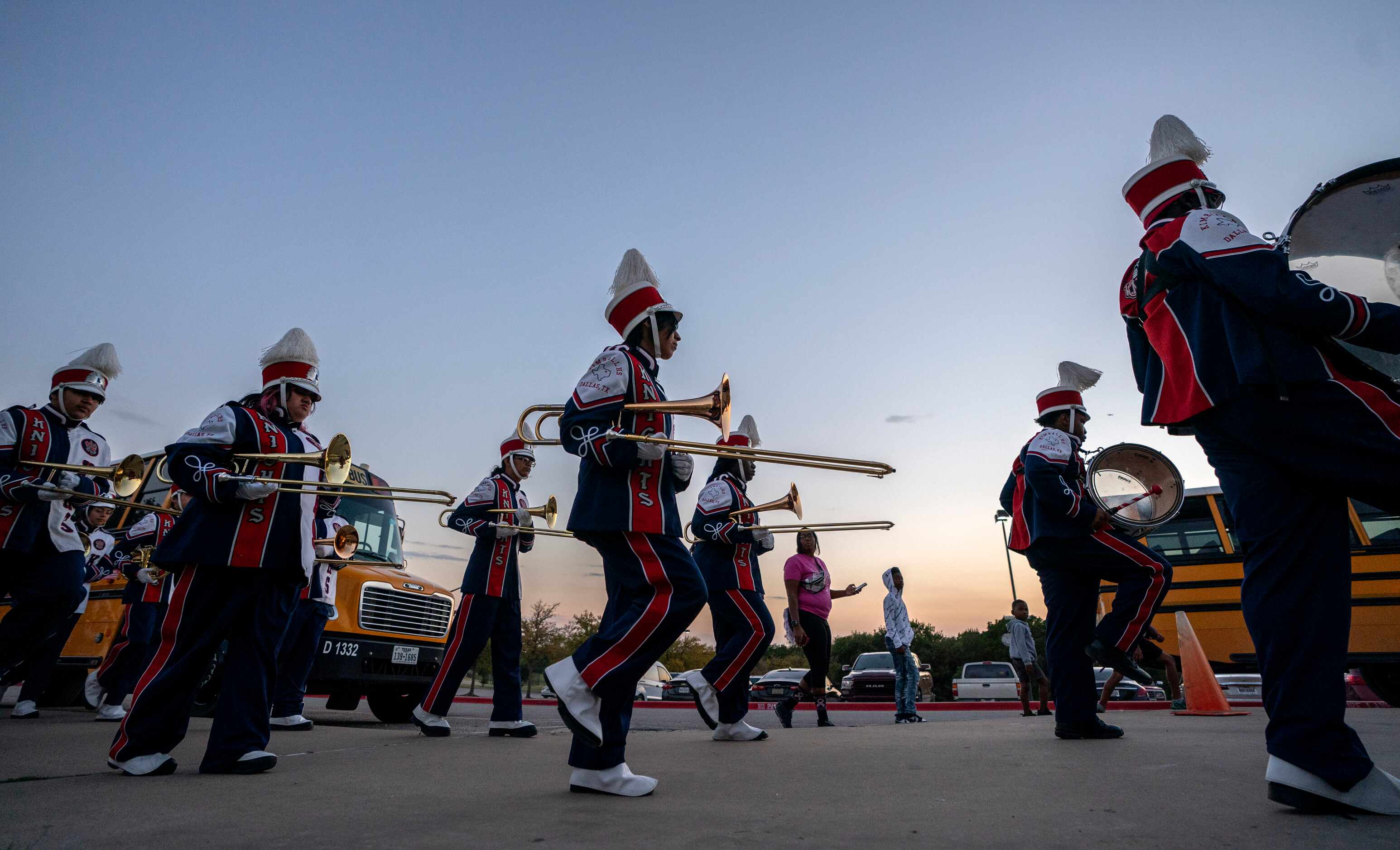 The Kimball band enters the stadium before a high school football game against South Oak...