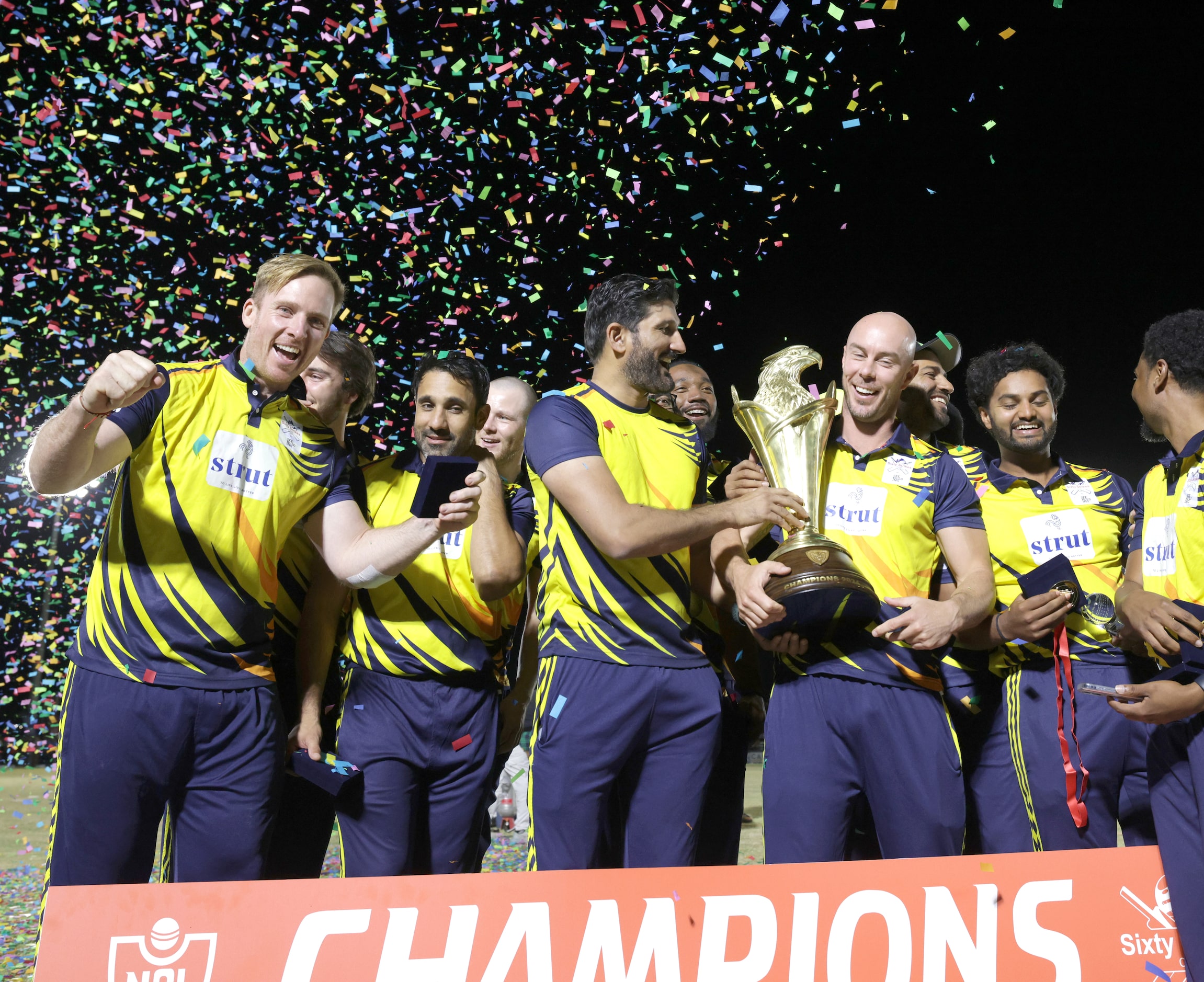 The Chicago Cricket Club celebrates after winning the NCL cricket tournament finale against...