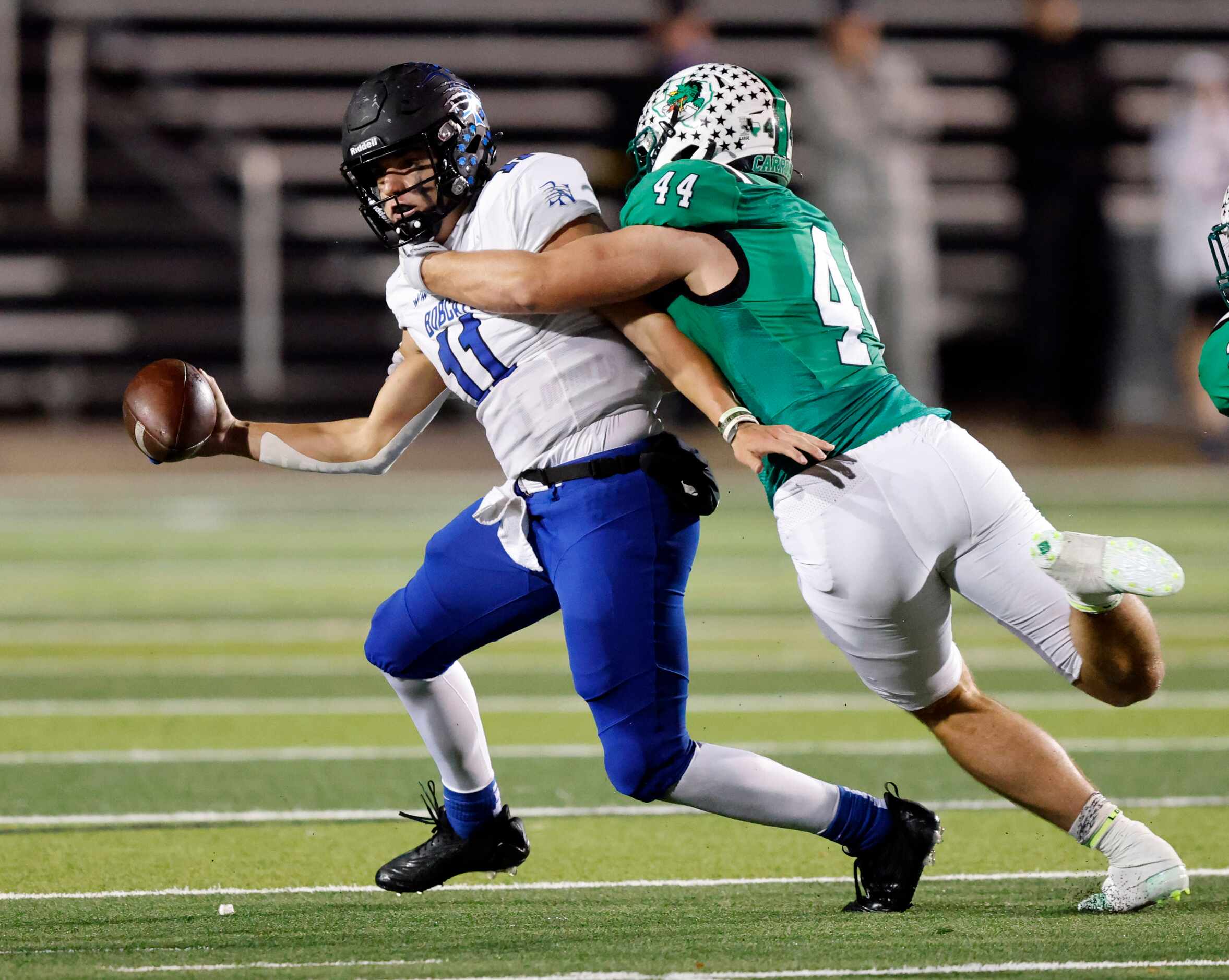 Southlake Carroll defensive lineman Dustan Mark (44) sacks Byron Nelson quarterback Jake...