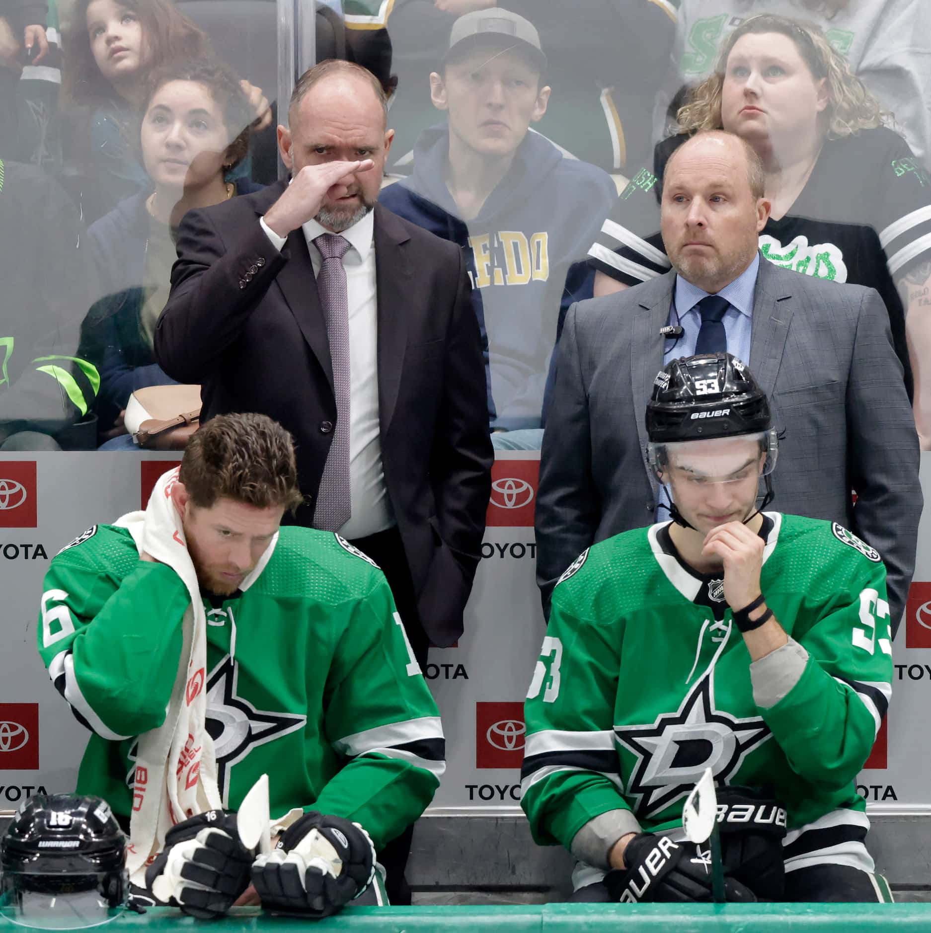 Dallas Stars head coach Peter DeBoer waits for a review following a Buffalo Sabres score in...