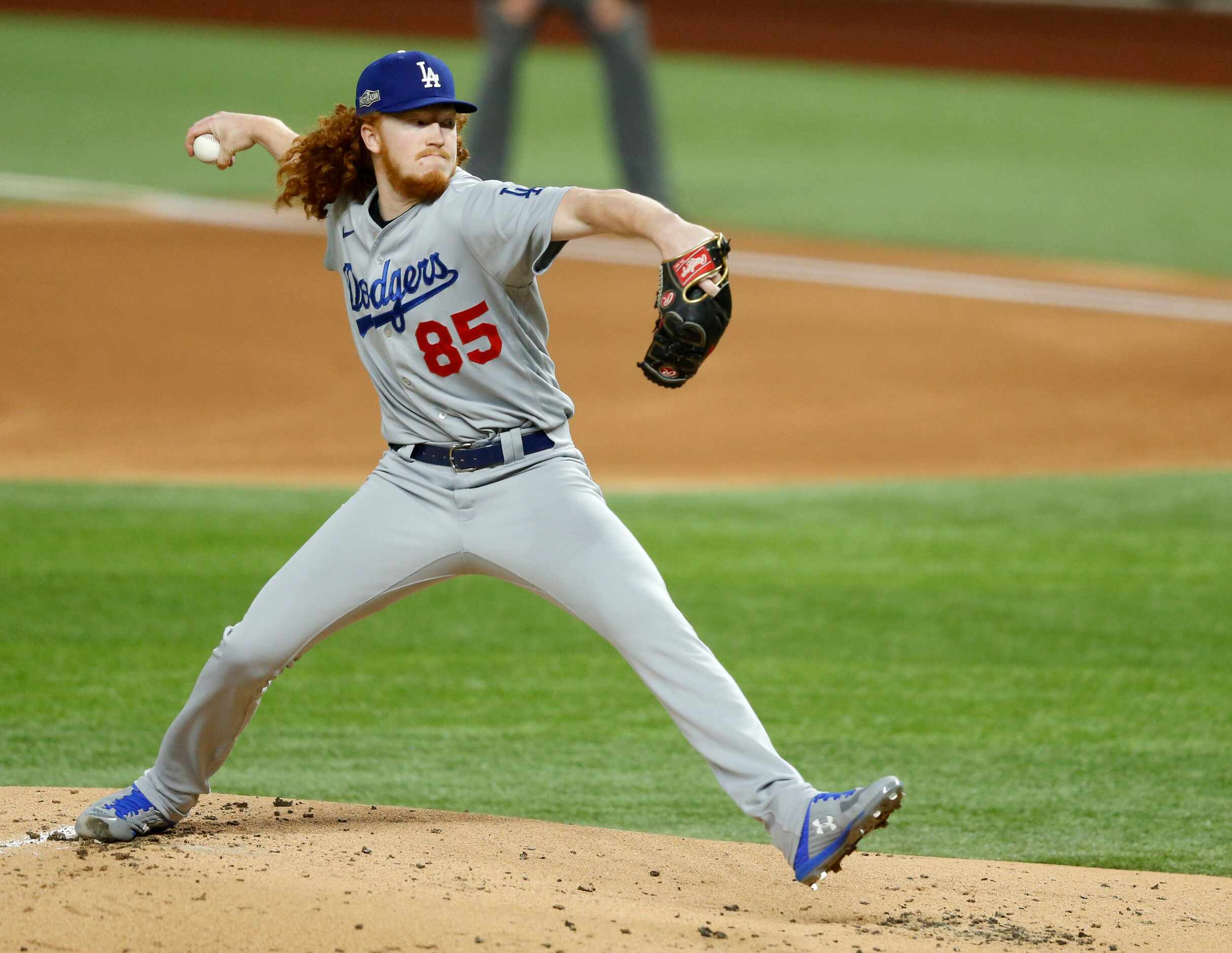 Los Angeles Dodgers starting pitcher Dustin May (85) pitches against the Atlanta Braves...