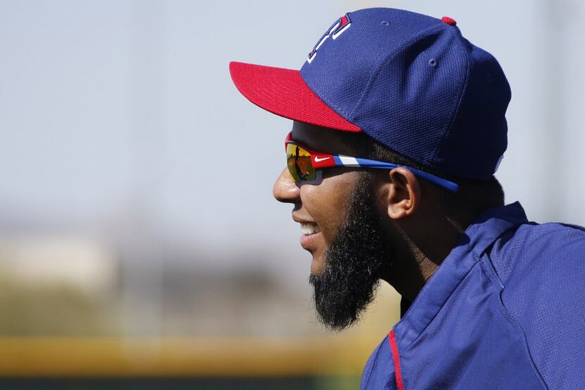 Texas shortstop Elvis Andrus is pictured with his new beard during Texas Rangers baseball...
