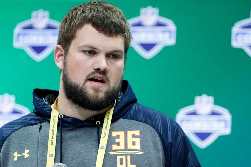 INDIANAPOLIS, IN - MARCH 02: Offensive lineman Ryan Ramczyk of Wisconsin answers questions...