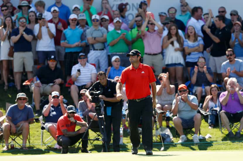 Steven Bowditch pumps his fist after getting a birdie on the 17th hole during round 4 of the...