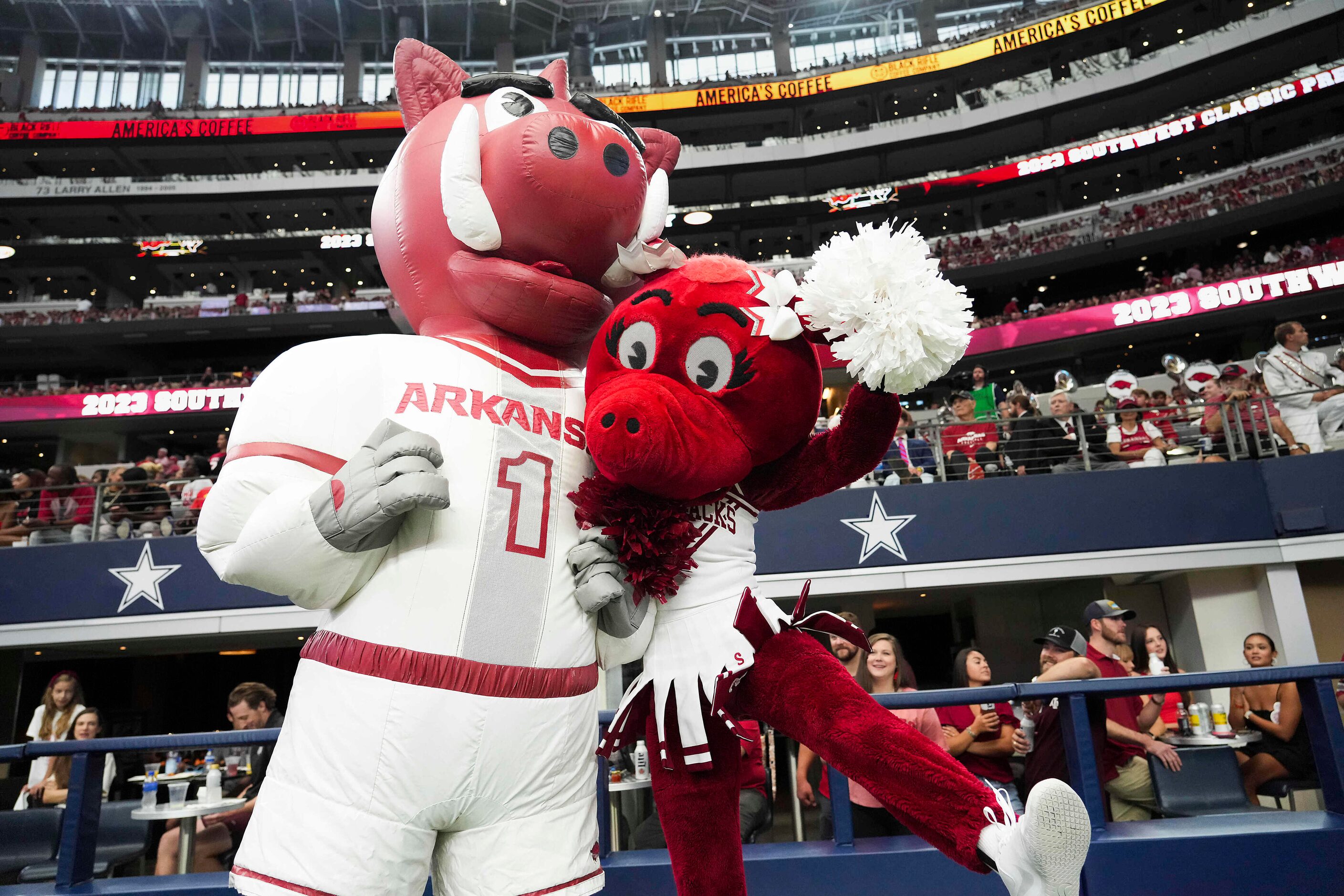 Arkansas mascots cheer on the sidelines during the first half of an NCAA football game...