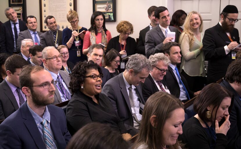 April Ryan, the Washington bureau chief for American Urban Radio Networks, during a White...