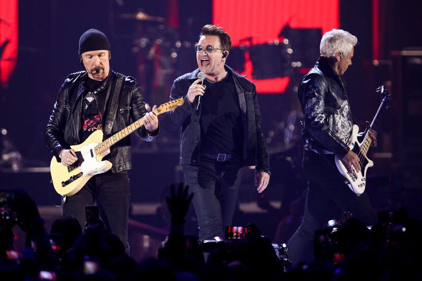  In this Sept. 23, 2016, file photo, The Edge, from left, Bono and Adam Clayton of U2...