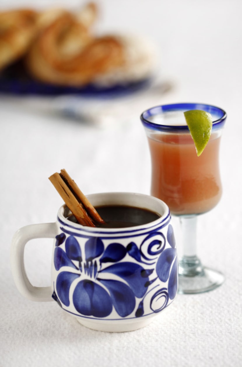 Relax after your meal with coffee with a cinnamon stick stirrer and an orange juice and...