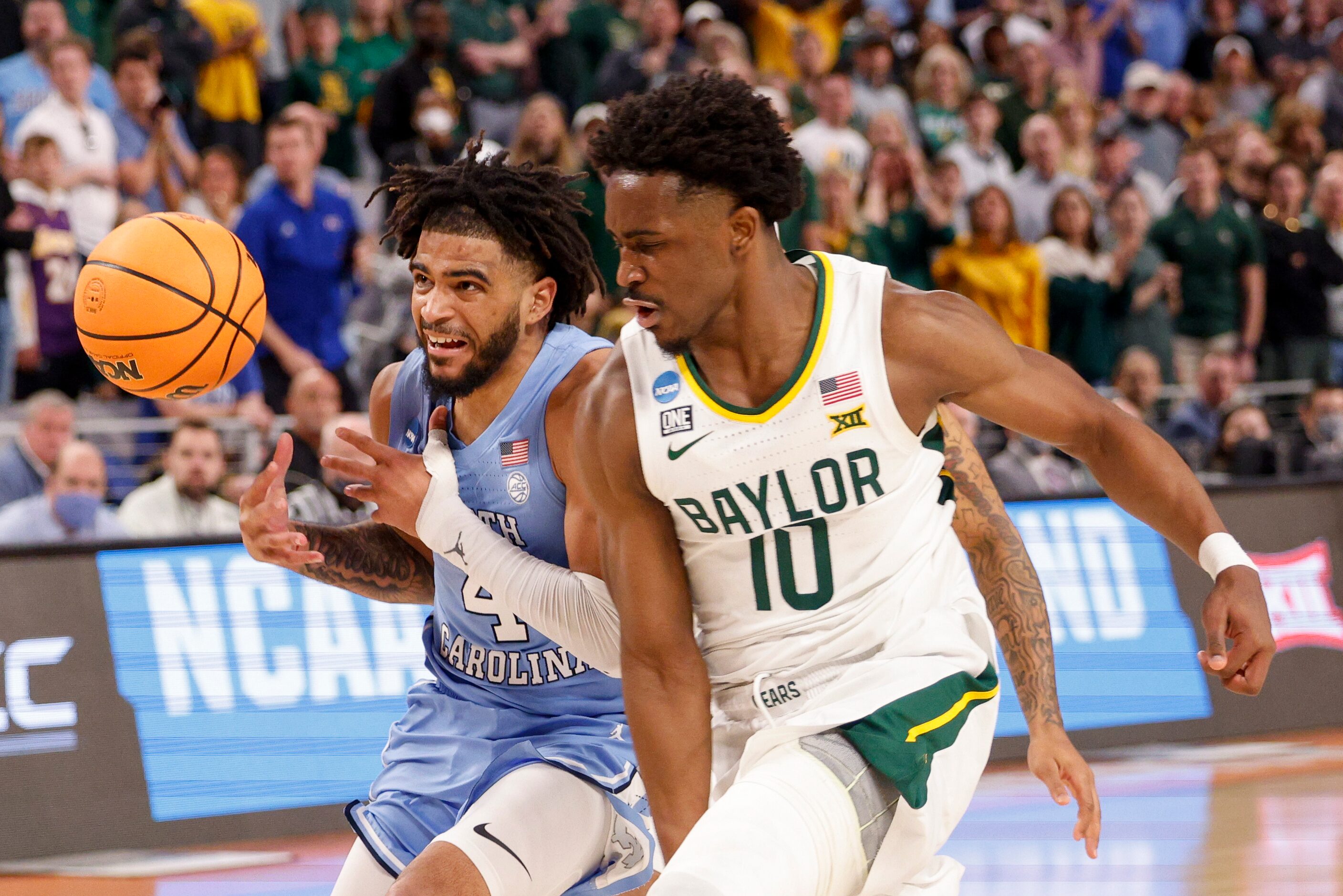 Baylor Bears guard Adam Flagler (10) defends against North Carolina Tar Heels guard R.J....