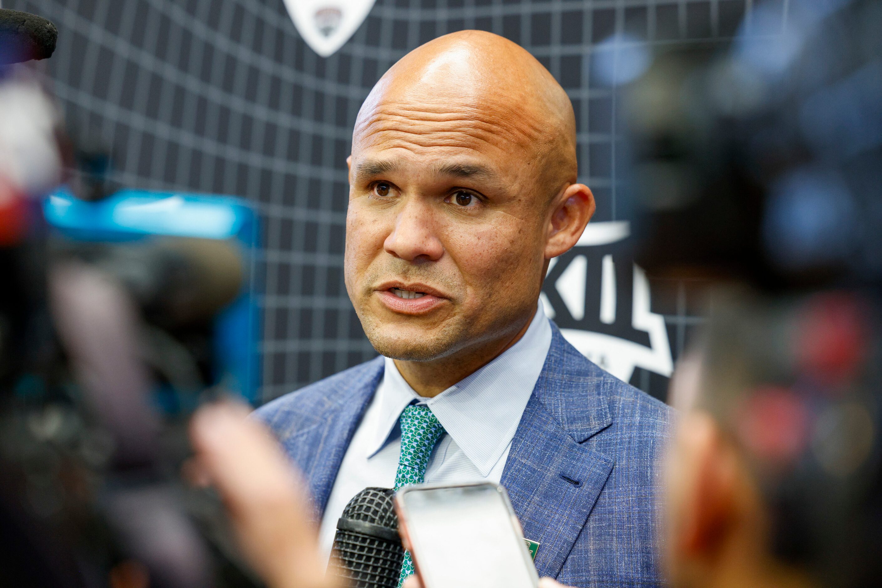 Baylor head coach Dave Aranda speaks with reporters during the Big 12 Media Days at AT&T...