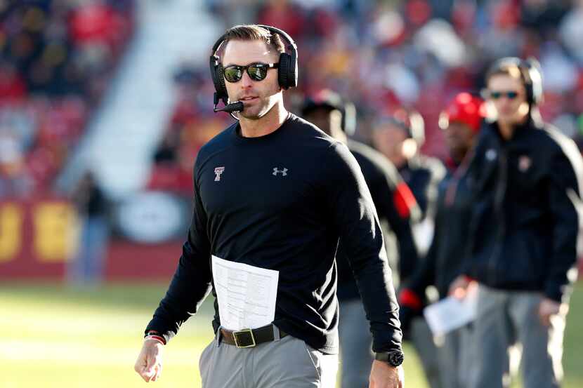 FILE - In this Nov. 19, 2016, file photo, Texas Tech head coach Kliff Kingsbury stands on...
