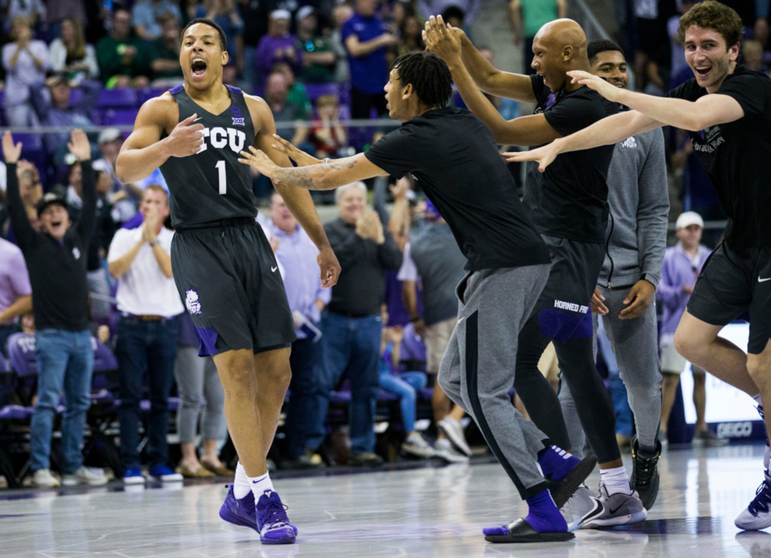 TCU Horned Frogs guard Desmond Bane (1) celebrates after a point during the second half of...