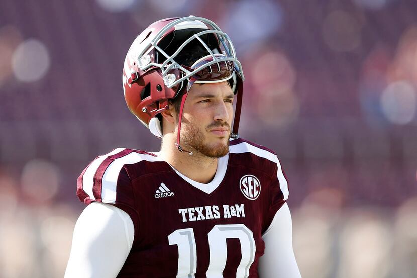 Texas A&M Aggies quarterback Jake Hubenak (10) is pictured on the field before facing the...