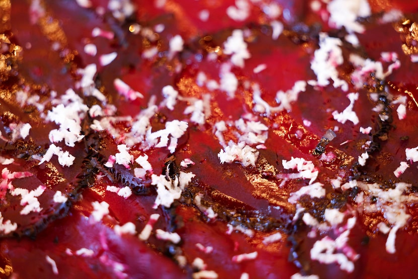 Here is the charred beetroot carpaccio at Israeli pita restaurant Miznon in Dallas.