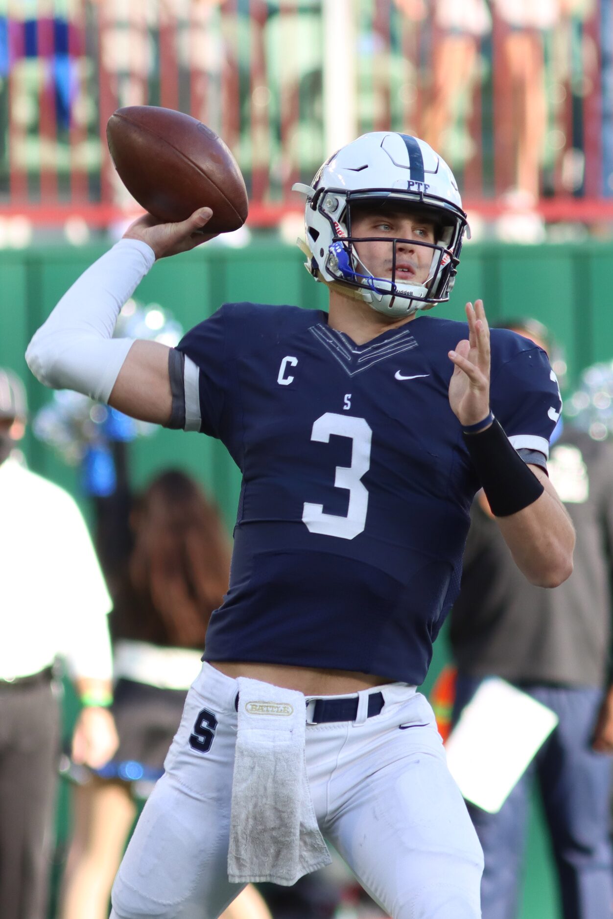 Fort Worth All Saints quarterback Hampton Fay (3) throws a pass during the first half...