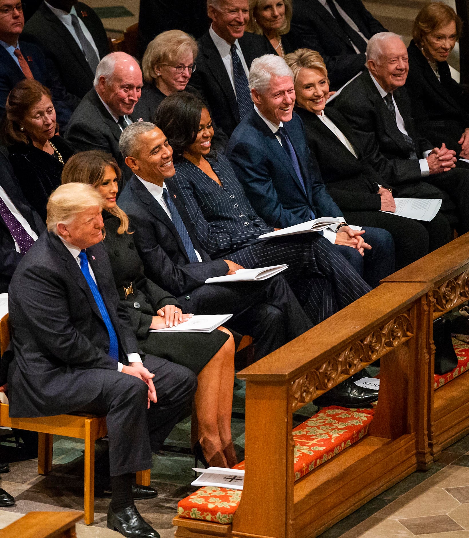 From left, President Donald Trump, first lady Melania Trump, former President Barack Obama,...