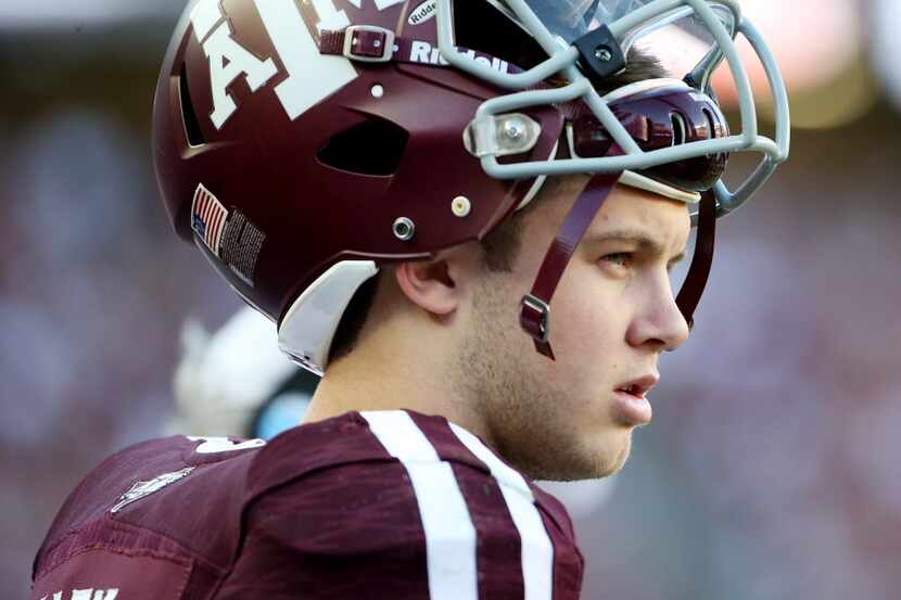 Texas A&M Aggies quarterback Kyle Allen (10) along the sideline in the fourth quarter during...