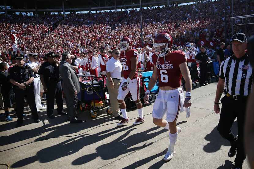 Oklahoma Sooners quarterback Baker Mayfield (6) enters the field before the Red River...