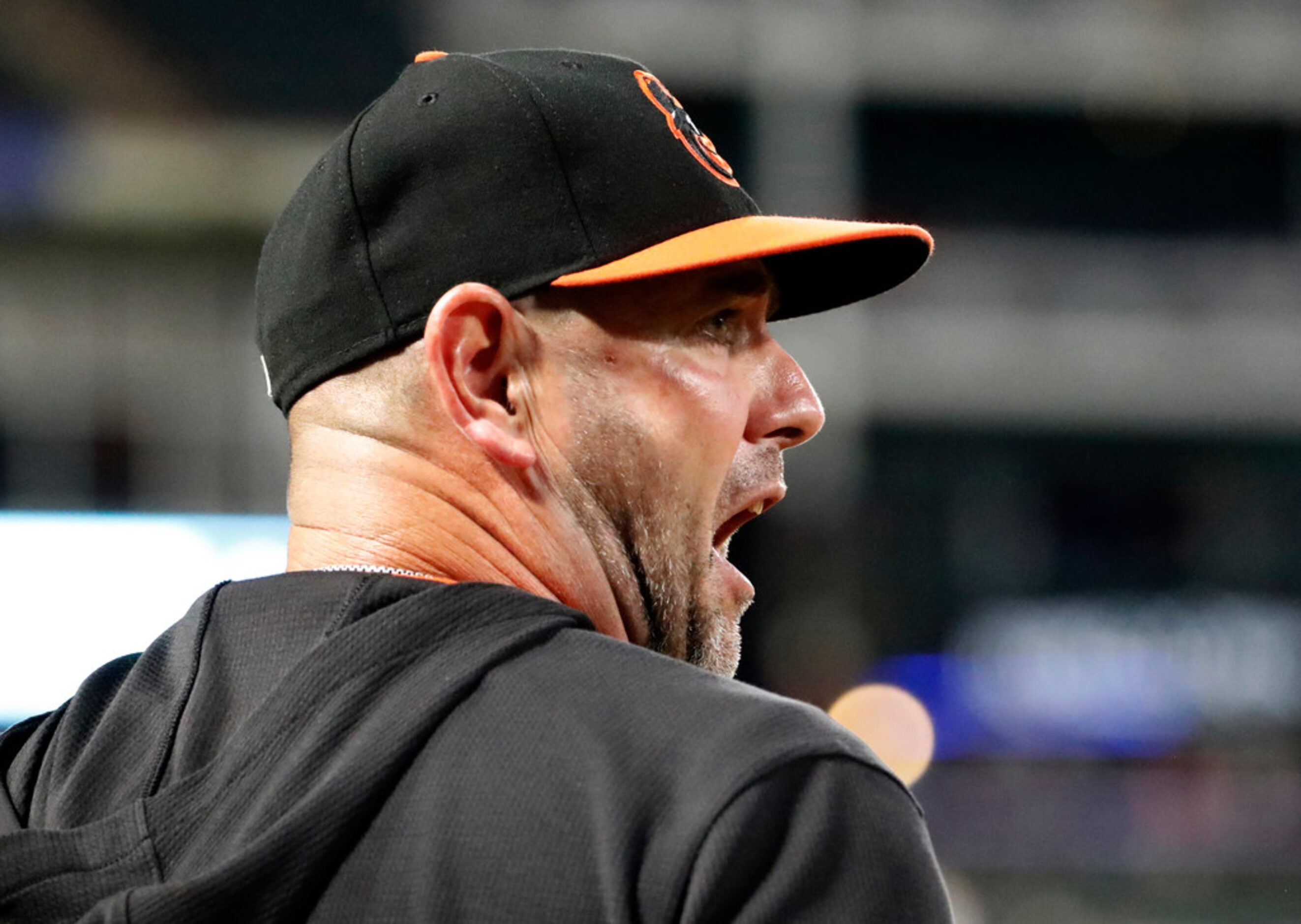 Baltimore Orioles manager Brandon Hyde yells at home plate umpire Jeff Kellogg after a...