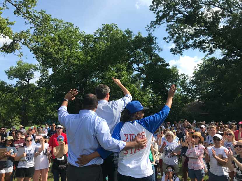 Democratic Senate hopeful Beto O'Rourke waves to supporters at Opportunity Park in South...