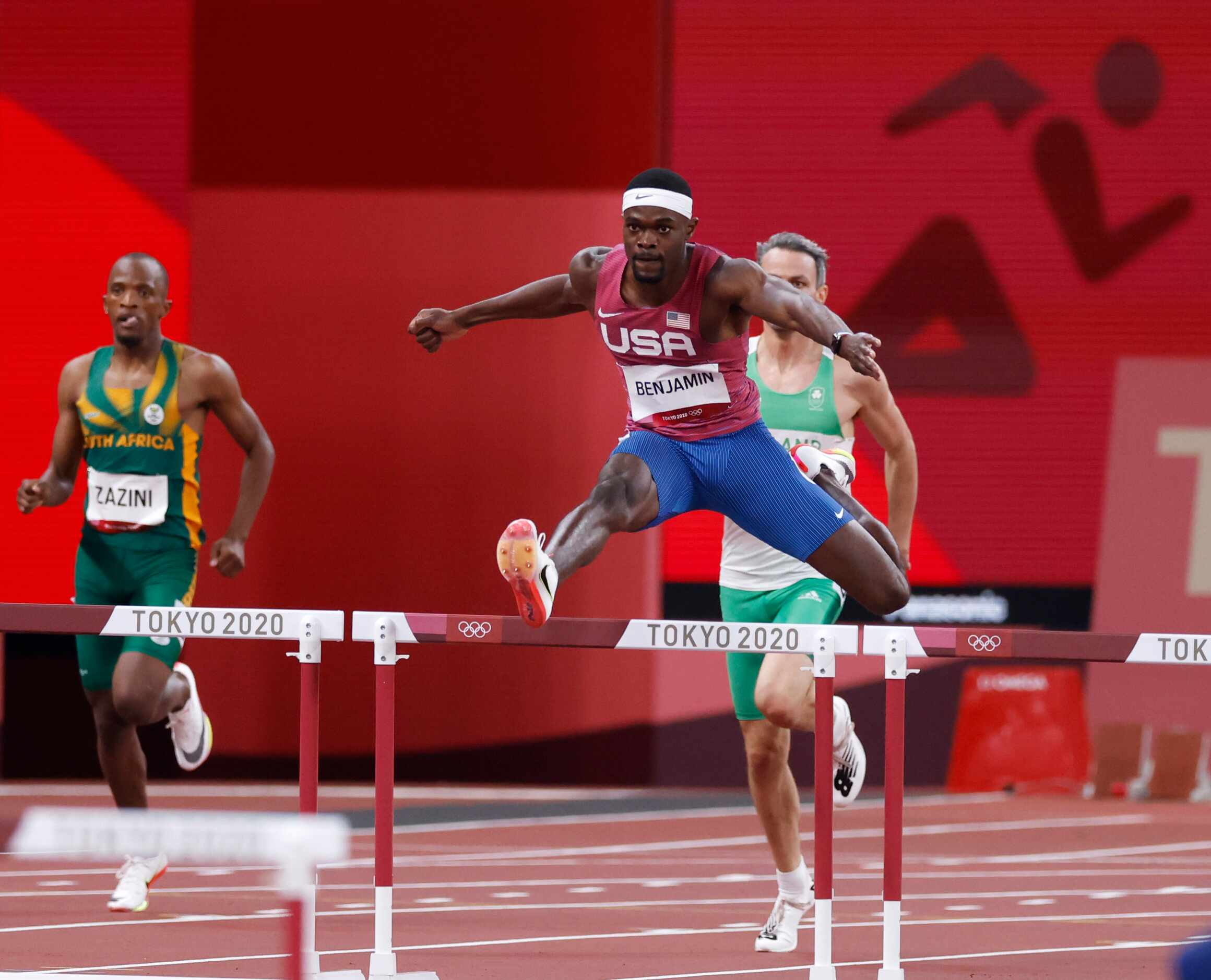 USA’s Rai Benjamin runs in the 400 meter hurdles semifinal 
during the postponed 2020 Tokyo...