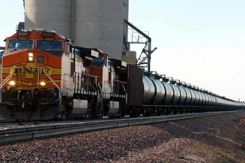 A BNSF Railway train hauls crude oil near Wolf Point, Mont.