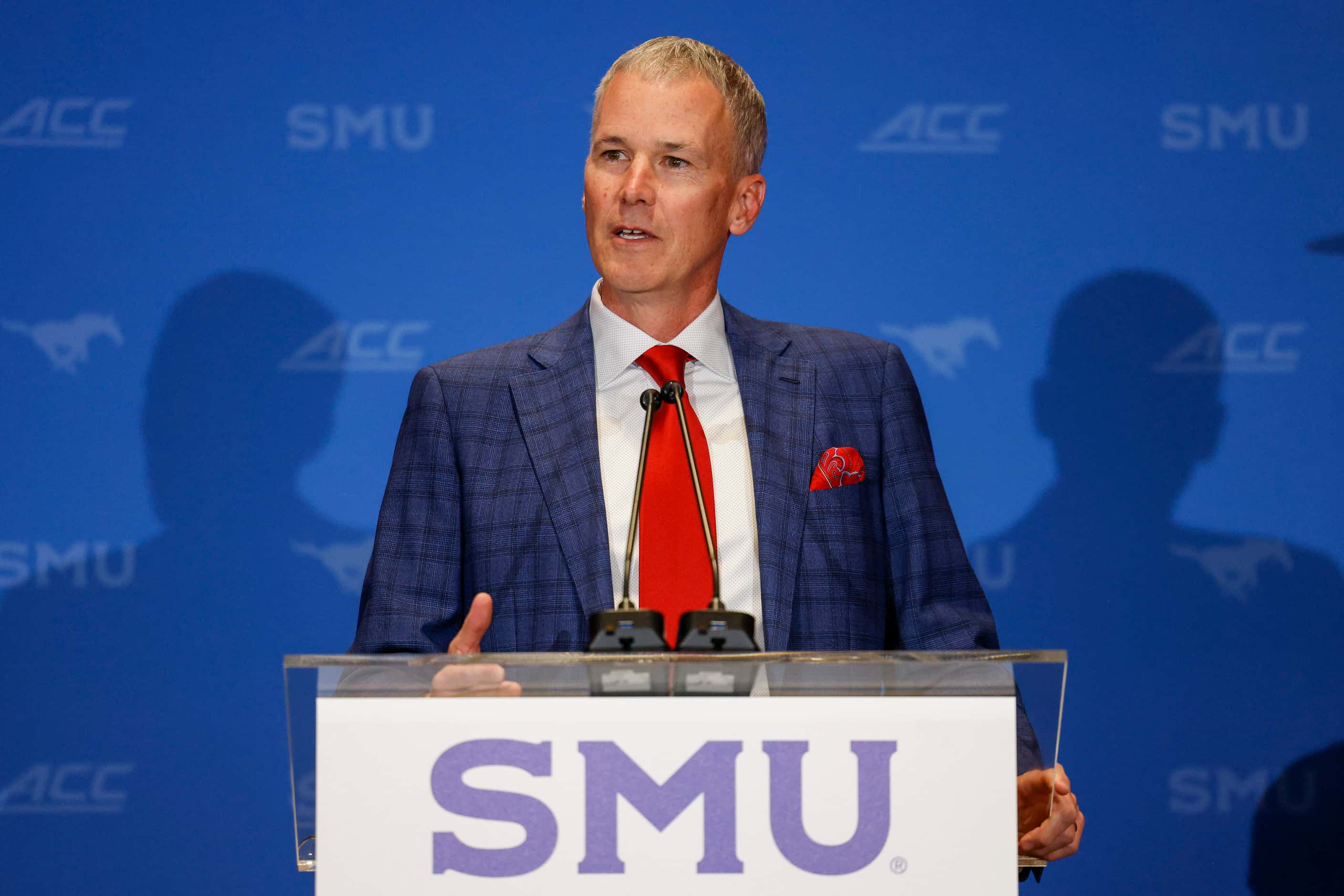 Andy Enfield speaks after being introduced as SMU’s head men's basketball coach during a...