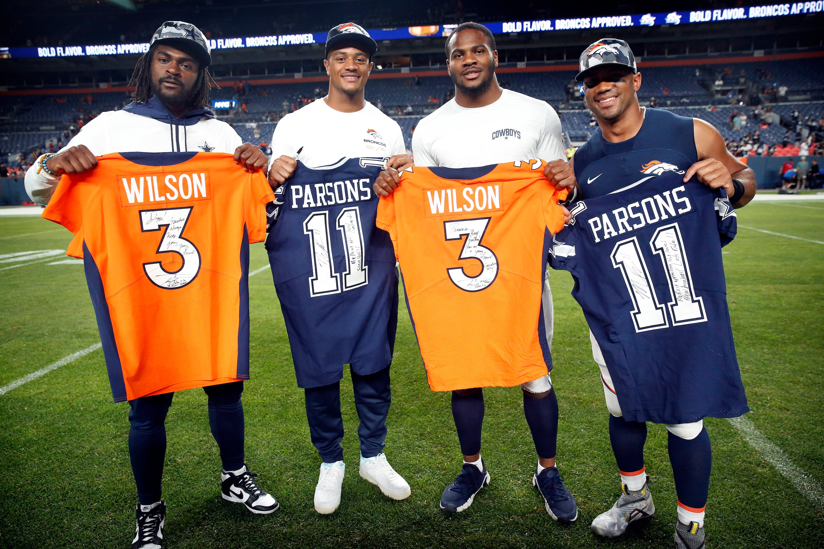 (from felt) Dallas Cowboys cornerback Trevon Diggs (7), Denver Broncos cornerback Pat...